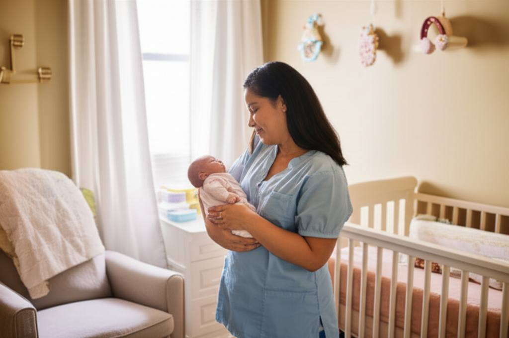 Newborn care professional with baby in nursery